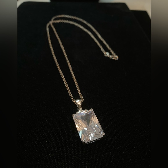 925 SS 24” long chain. Large Emerald cut CZ set in 925 SS raised cage 1”x 1/2” - Picture 1 of 12